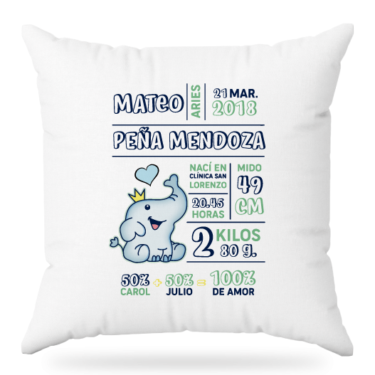 MS Regalos Personalizados | Almohada personalizada | Datos nuevo Bebé Celeste | My Sign Lima Peru