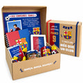 Pack de regalo en caja de cartón con tazas, dulces, portaretratos, blocks y chocolates. Regalo personalizado de temática FC Barcelona