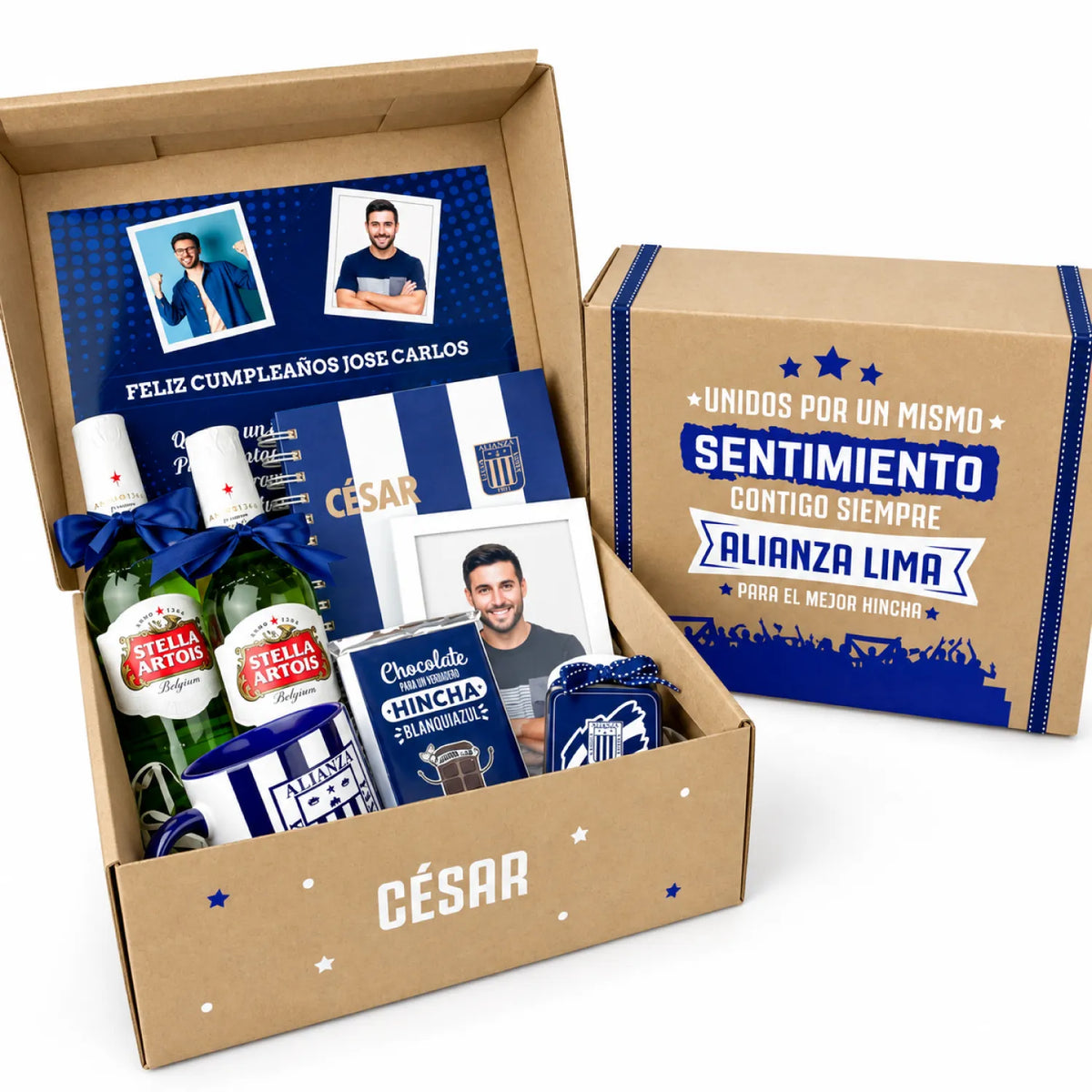 Pack de regalo en caja de cartón con tazas, dulces, portaretratos, cervezas, blocks y chocolates. Regalo personalizado de temática alianza lima