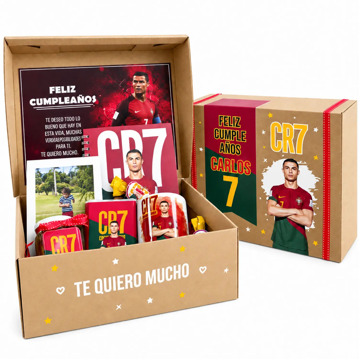 Pack de regalo en caja de cartón con tazas, dulces, portaretratos, blocks y chocolates. Regalo personalizado de temática de cristiano ronaldo cr7