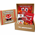 Pack de regalo en caja de cartón con tazas, dulces, portaretratos, blocks y chocolates. Regalo personalizado de temática enojo de intensamente