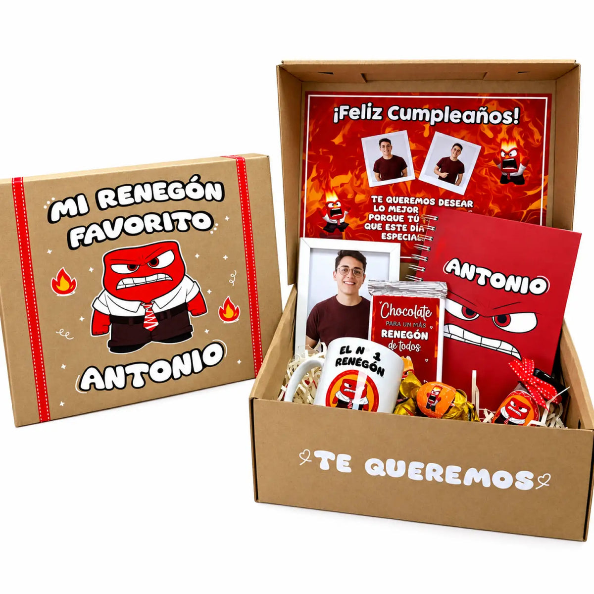 Pack de regalo en caja de cartón con tazas, dulces, portaretratos, blocks y chocolates. Regalo personalizado de temática enojo de intensamente