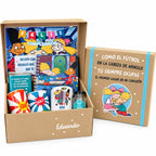Pack de regalo en caja de cartón con tazas, dulces, portaretratos, blocks y chocolates. Regalo personalizado de temática hey arnold