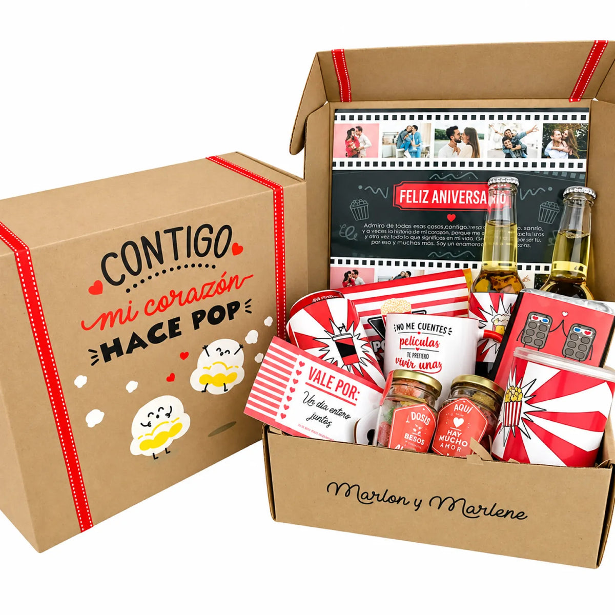 Pack de regalo en caja de cartón con tazas, dulces, portaretratos, cervezas,  gaseosa, pringles y chocolates. Regalo personalizado de temática netflix - cine
